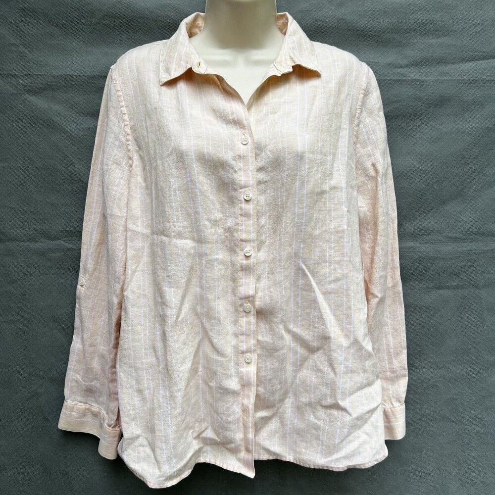 Chico's Size 1 I US 8/10 Orange White Striped Collared Button Shirt Top Blouse